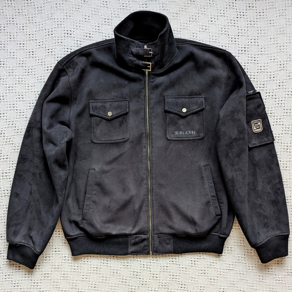 Sean John Men's XXL Military Bomber Jacket Black- Bonded Microfleece & Velvet